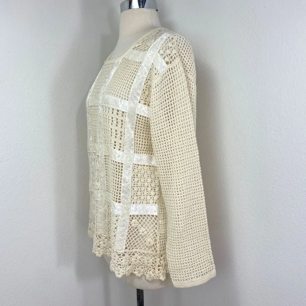Otto Ivory Crochet Velvet Patchwork Top Large Long Sleeves Romantic Boho Whimsy